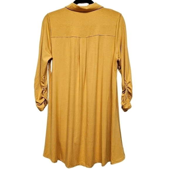 New Directions Julianna Crepe Tunic Button Down, Ruched Sleeve, Squash Yellow. - Picture 9 of 10